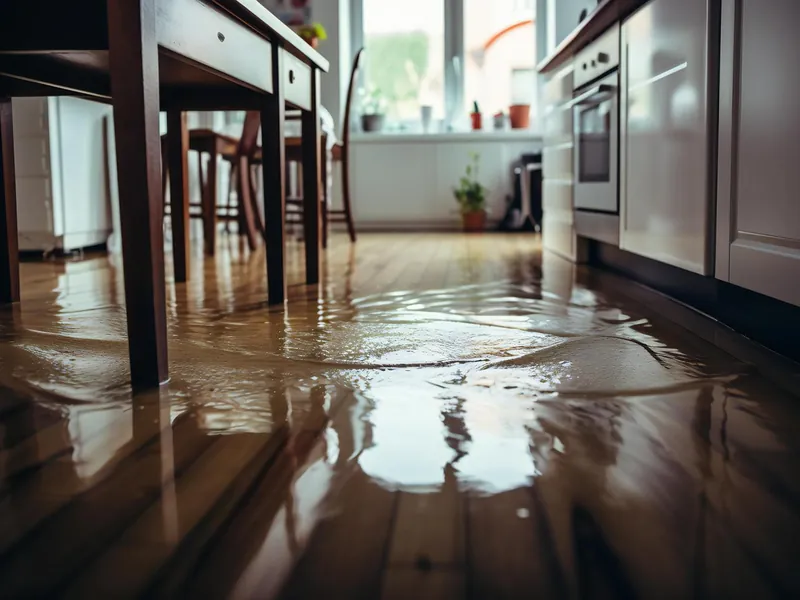 Dégât des eaux sur le sol d’une cuisine après une fuite